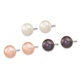 Sterling Silver Rhodium-plated 8-9mm White, Black and Pink Button Freshwater Cultured Pearl Set of 3 Post Earrings